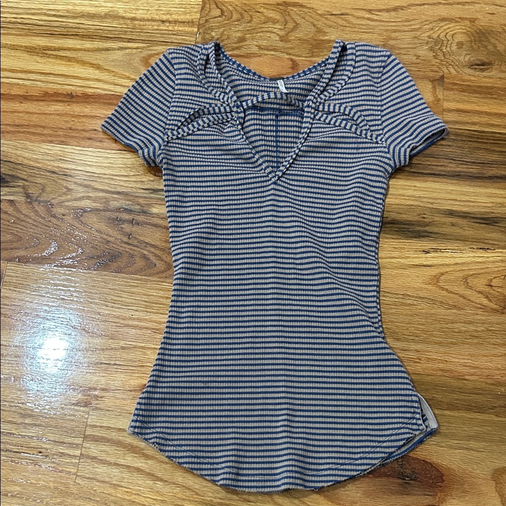 Free People Navy and tan Striped V-Neck Tee